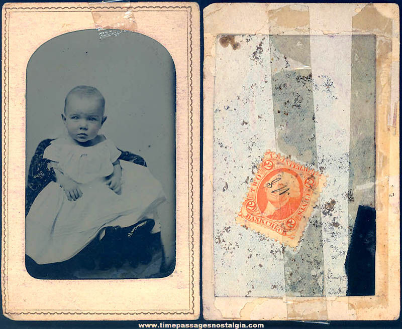 1800s Tintype Photograph of An Infant Child In Original Paper Frame With Tax Stamp