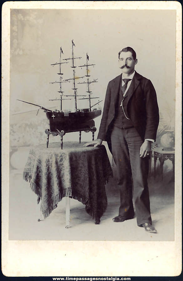 1800s Man Posing With Sailing Ship Model Cabinet Photograph