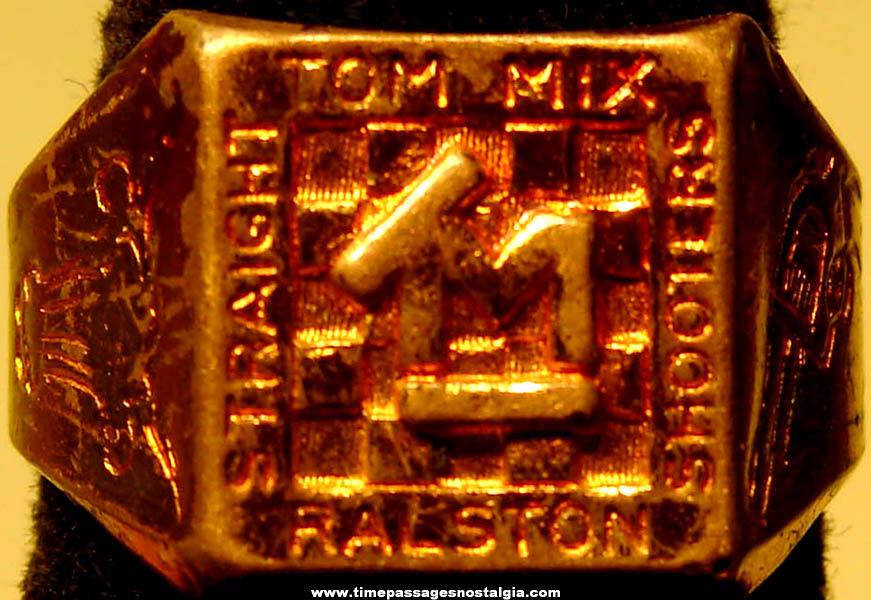 1935 Ralston Cereal Advertising Premium Tom Mix Straight Shooters Lucky Toy Brass Logo Ring