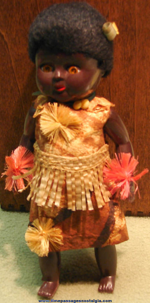 Old Dressed Jointed Hard Plastic Native Black Doll With Moving Eyes