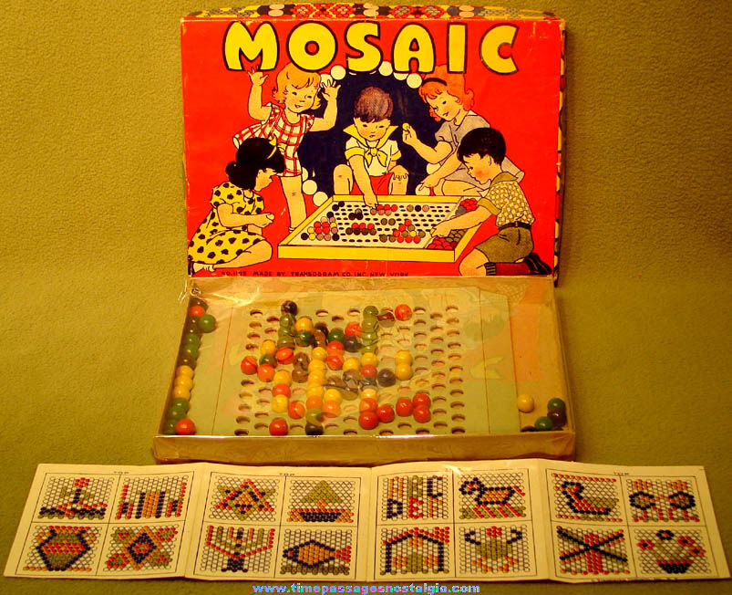 Old Boxed Transogram Mosaic Marble Game (82) Painted Clay Marbles