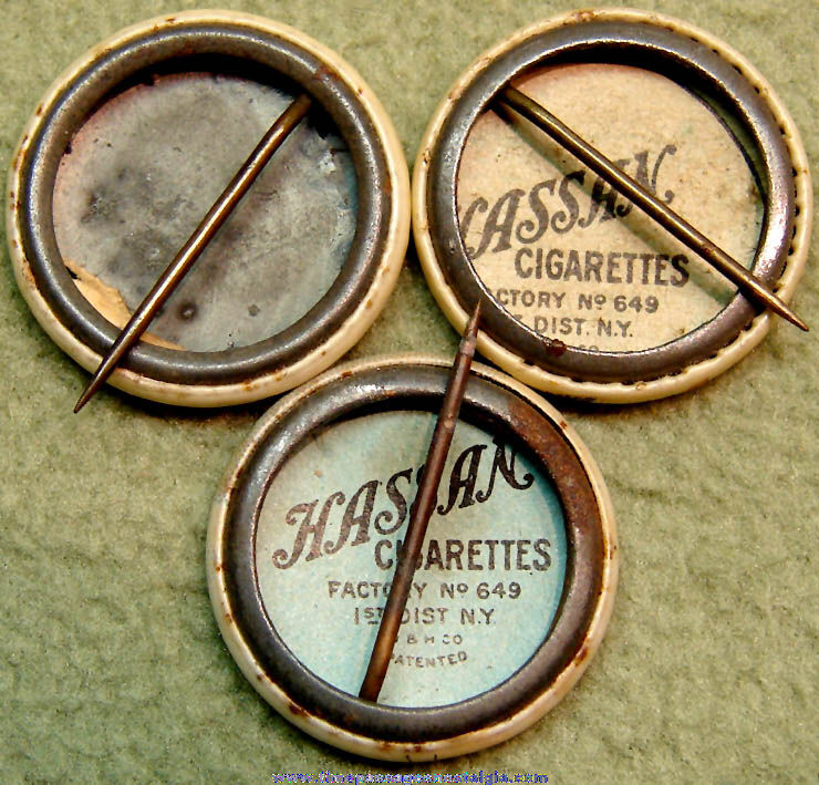 (3) Old Hassan Cigarettes Advertising Premium Celluloid Pin Back Buttons