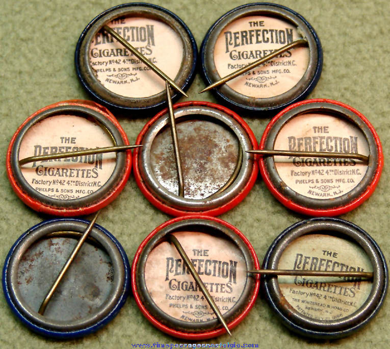(8) Old Perfection Cigarettes Advertising Premium Celluloid Pin Back Buttons