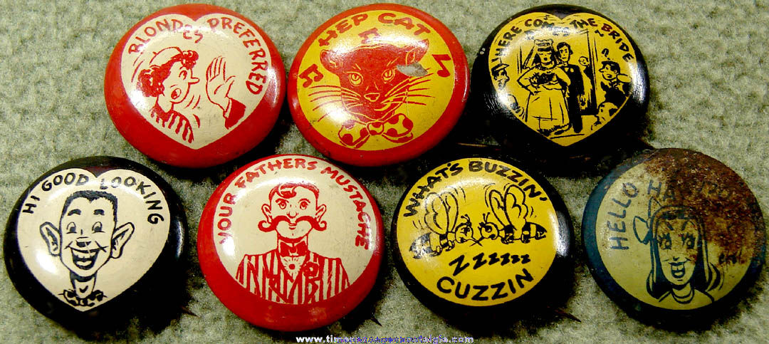 (7) Colorful Old Comic or Risque Tin Pin Back Buttons With Sayings