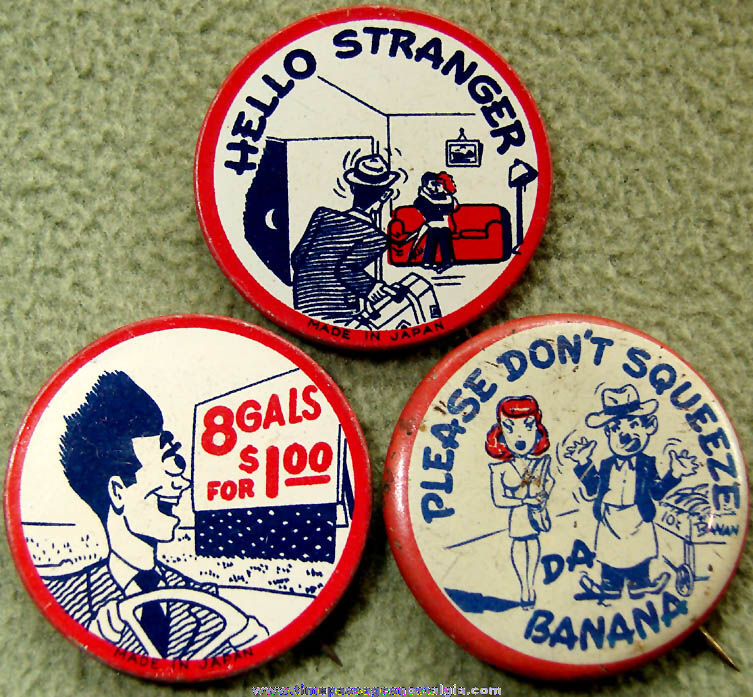 (3) Colorful Old Comic or Risque Tin Pin Back Buttons With Sayings