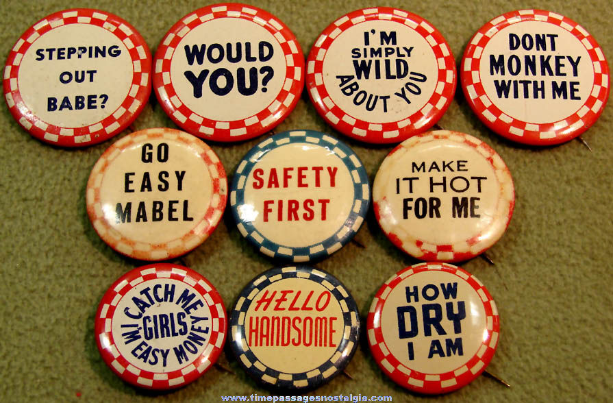 (10) Colorful Old Risque Novelty Celluloid and Tin Pin Back Buttons With Sayings