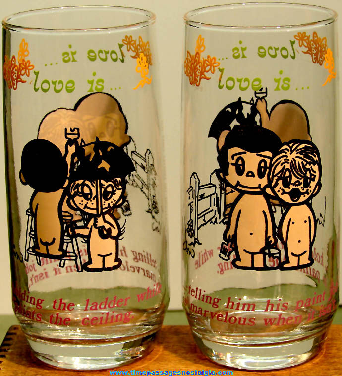 (2) Matching ©1975 Kim Love Is... Comic Character Drink Glasses
