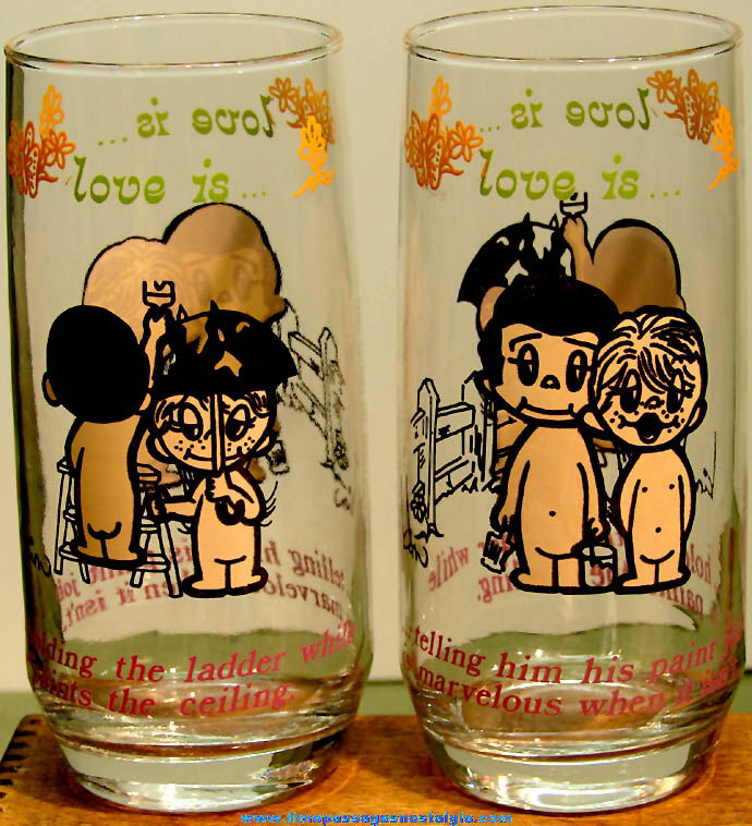 (2) Matching 1975 Kim Love Is... Comic Character Drink Glasses