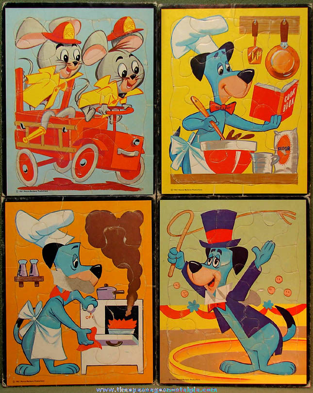 (4) 1961 Hanna Barbera Pixie Dixie & Huckleberry Hound Frame Tray Jigsaw Puzzles