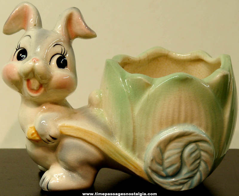 Colorful Old Rabbit with Lettuce Cart Ceramic Figurine Planter