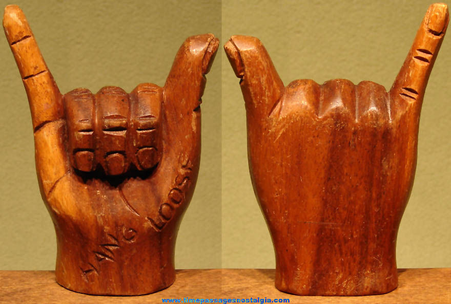 Old Carved Wood Hang Loose Hand Symbol Figure