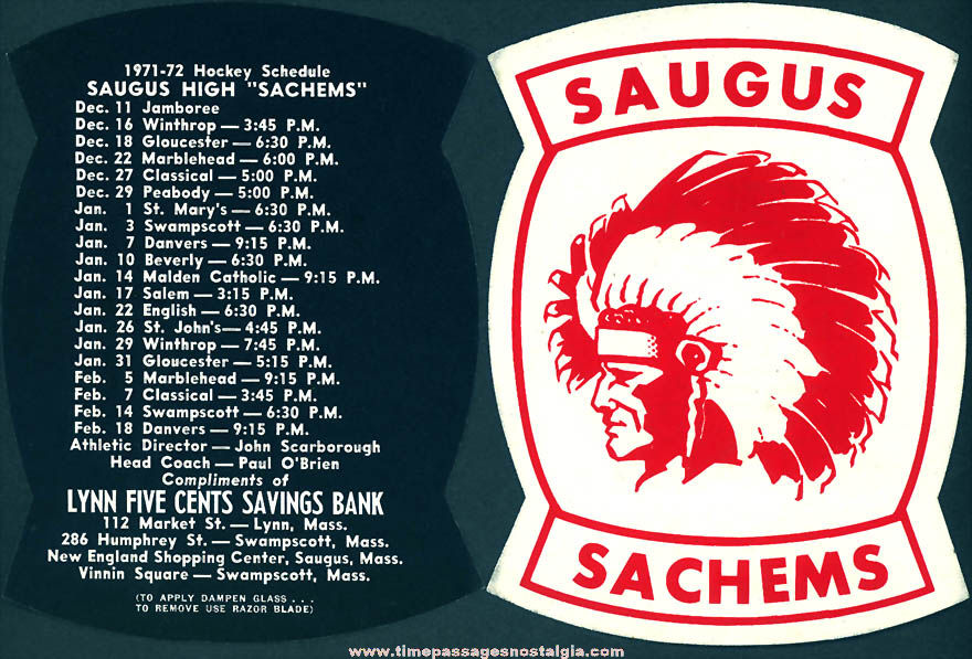 (2) 1971 - 1972 Saugus Massachusetts High School Sachems Hockey Game Schedules