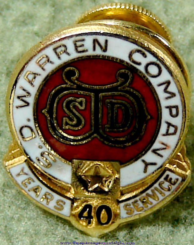 Old S. D. Warren Company Employee 40 Year Enameled & Gold Filled Service Pin