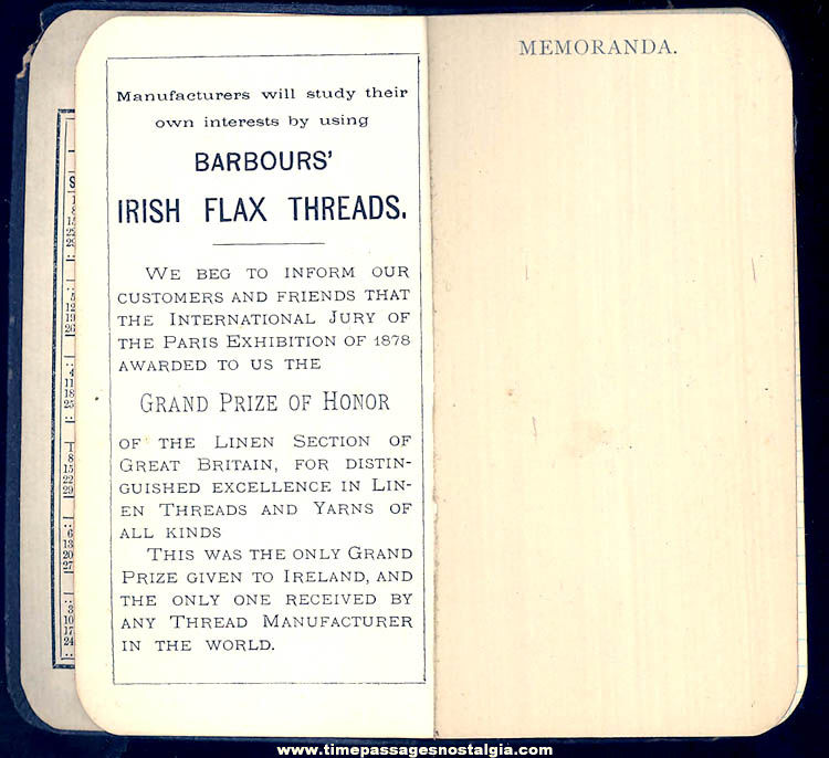 Small 1888 Barbours’ Irish Flax Thread Advertising Premium Calendar Notebook