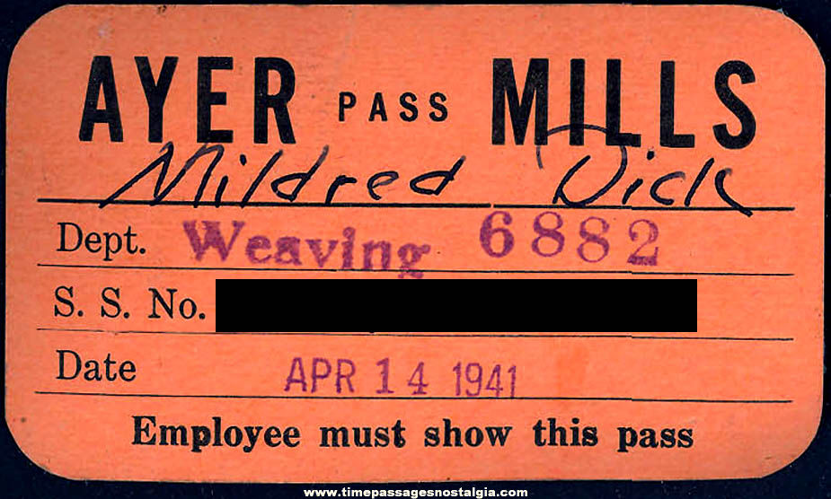 1941 Ayer Mills Weaving Department Employee Identification Pass Card