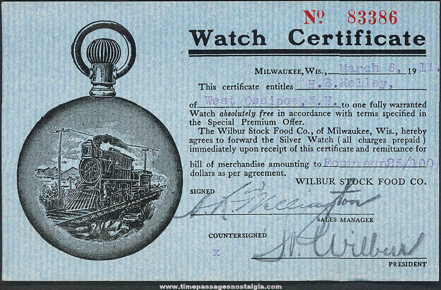1911 Wilbur Stock Food Company Advertising Premium Silver Pocket Watch Certificate