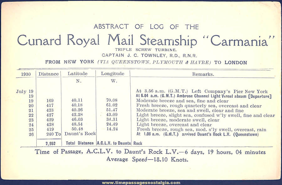 1930 Cunard Royal Mail Steamship Carmania Advertising Schedule Card