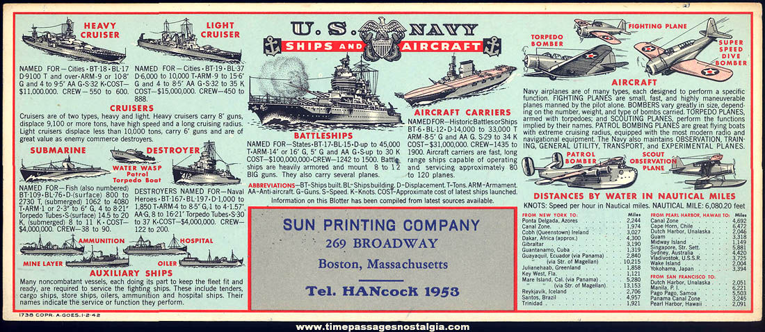 Unused 1942 United States Navy Ships & Aircraft Advertising Premium Ink Pen Blotter