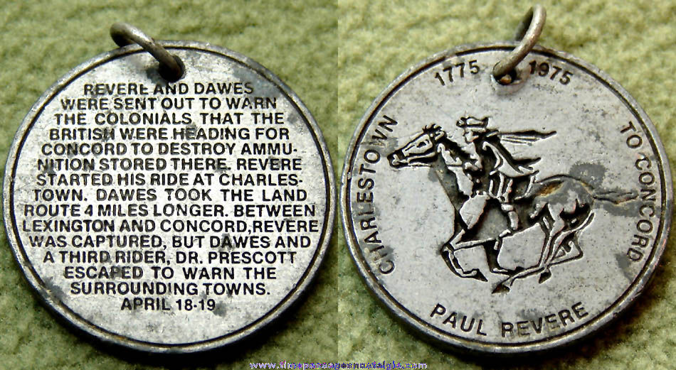 1975 Paul Revere Charlestown To Concord Bicentennial Coin Medallion or Pendant