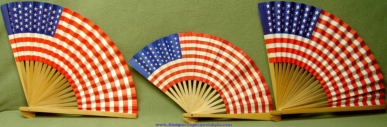 (3) Wooden & Printed Paper American Flag Hand Held Folding Fans