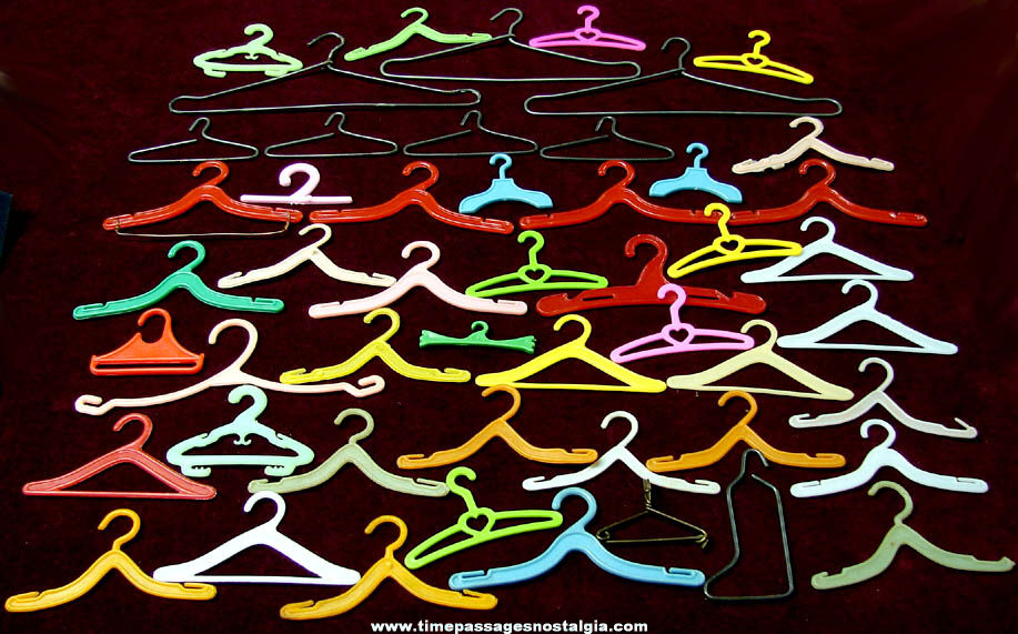 (50) Old Barbie & Other Dolls Miniature Metal & Plastic Toy Clothes Hangers