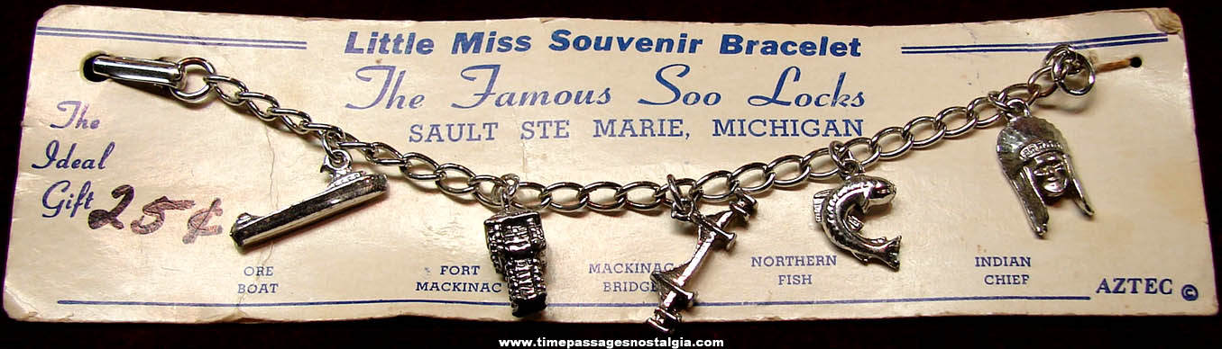 Old Carded Soo Locks Sault Ste Marie Michigan Jewelry Charm Bracelet With (5) Miniature Charms