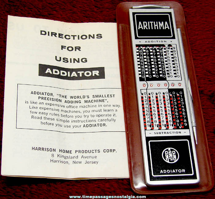 1950s Metal Arithma Addiator Pre Digital or Electronic Personal Calculator with Stylus Instructions & Case