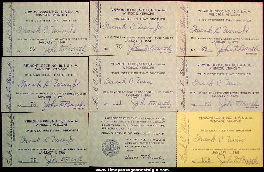 (9) 1960 - 1968 Windsor Vermont Lodge No. 18 Masonic Fraternal Membership Cards