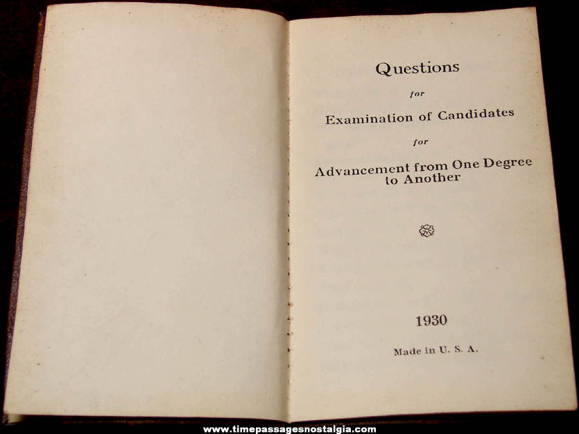 1930 Odd Fellows or Rebekah Fraternal Organization Examination of Candidates Booklet