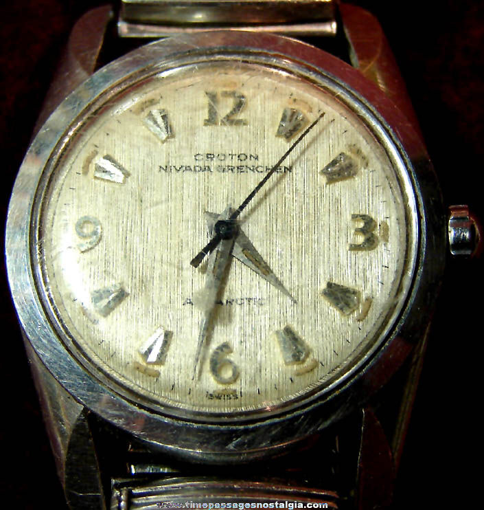 Old Engraved Croton Nivada Grenchen Antarctic Wrist Watch with Two Year Calendar Band