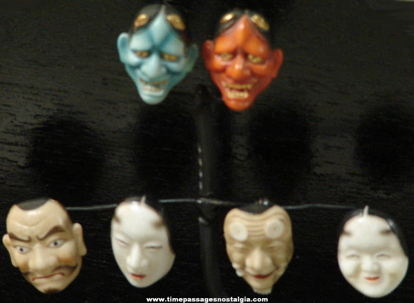 (6) Old Japanese Mask For No Play Kojima Art Porcelain Buttons with Display