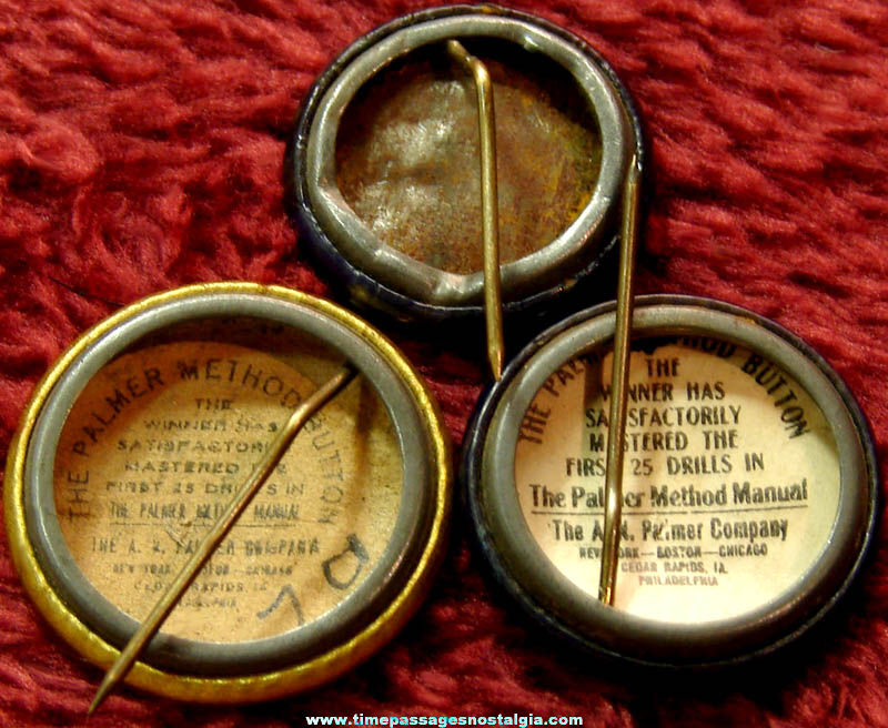 (3) Different Old Palmer Method Writing Award Celluloid Pin Back Buttons