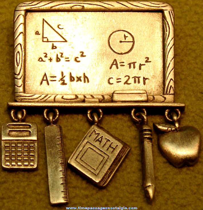 School Teacher or Student Metal Math Jewelry Pin with Hanging Charms