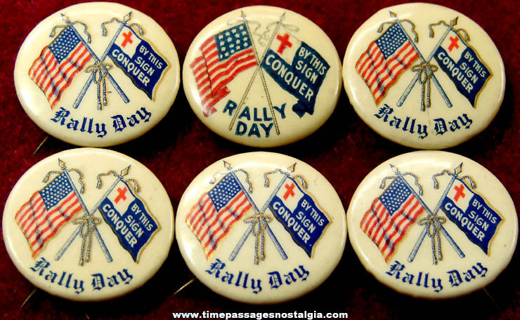 (6) Old Methodist Rally Day Religious Flag Celluloid Pin Back Buttons