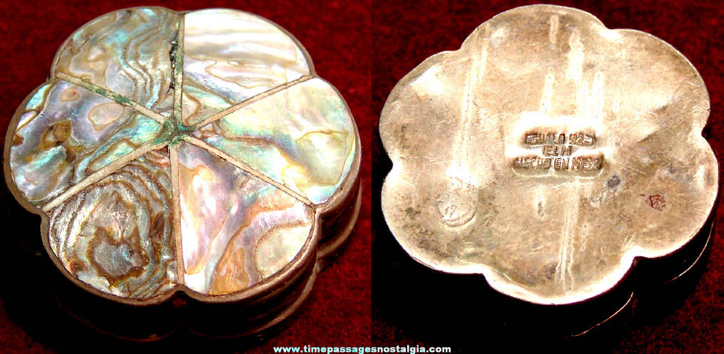 Small Old Silver Metal Hinged Box with Inlaid Abalone Shell
