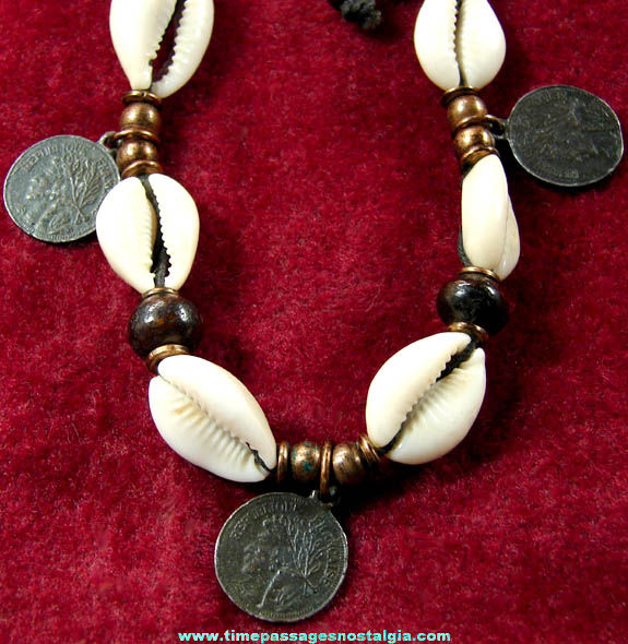 Old Cowrie Shell Bead & French Coin Charm Jewelry Necklace