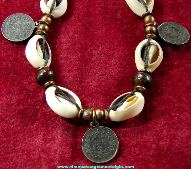 Old Cowrie Shell Bead & French Coin Charm Jewelry Necklace