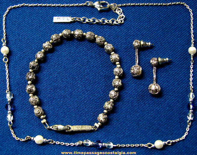 (3) Old Napier Jewelry Items Necklace Bracelet & Pierced Earring Set