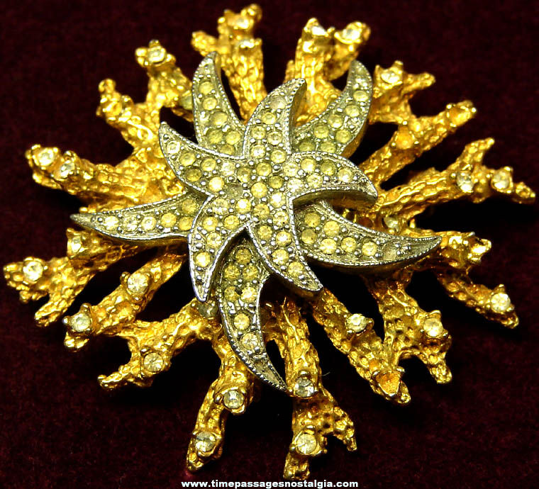 Old Kenneth Jay Lane Starfish & Coral Costume Jewelry Brooch Pin with Stones