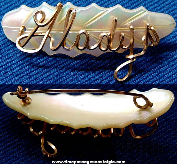 Old Metal & Carved Shell Gladys Jewelry Brooch Name Pin