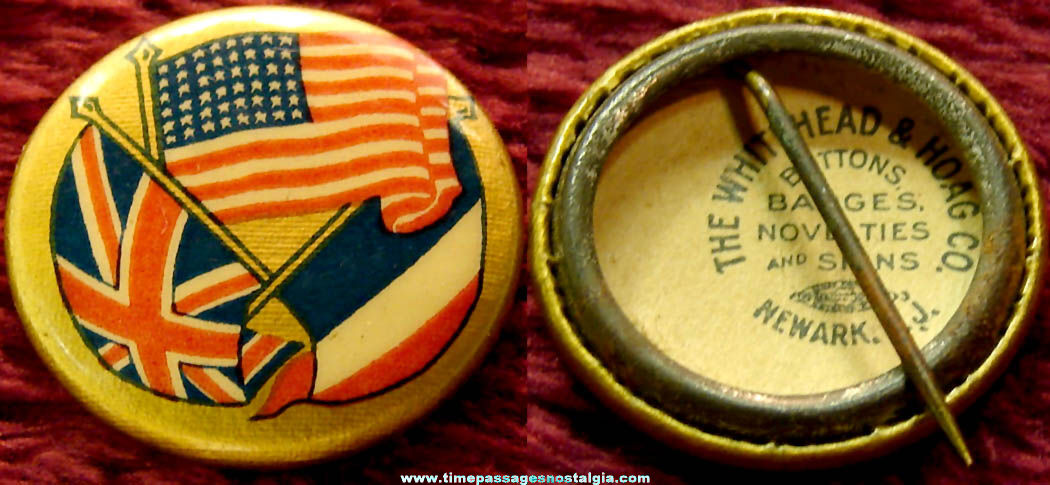 Old American British & French Allies Celluloid Flag Pin Back Button