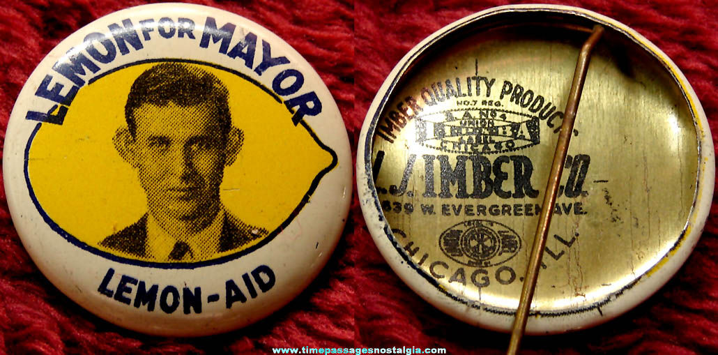 Old Tom Lemon For Mayor Lemon - Aid Political Campaign Advertising Tin Pin Back Button