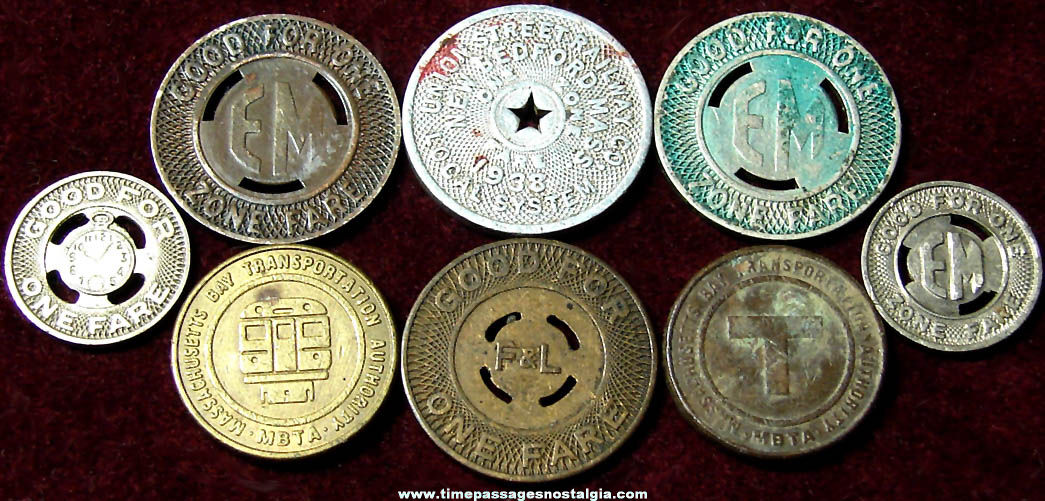 (8) Various Assorted Old Massachusetts Transportation Token Coins