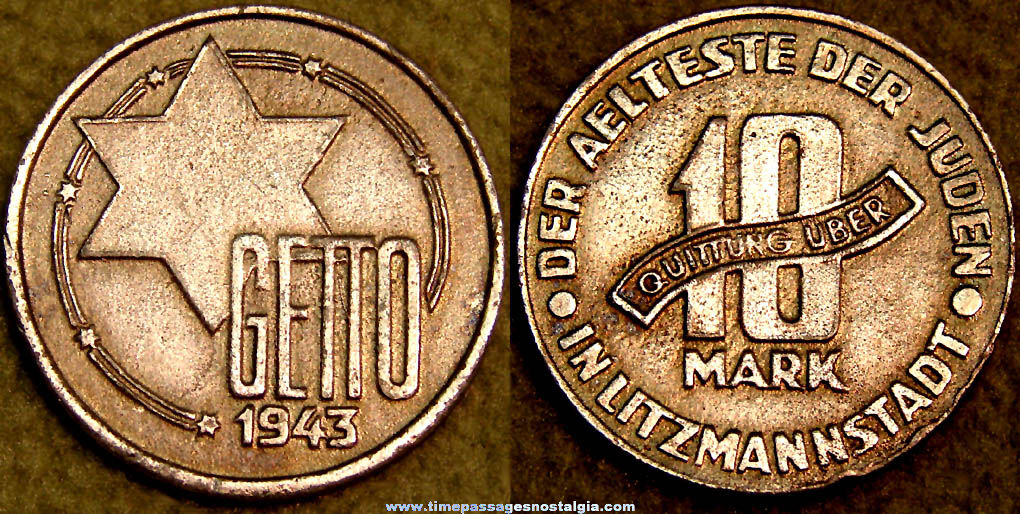 1943 World War II Jewish 10 Mark Ghetto Coin