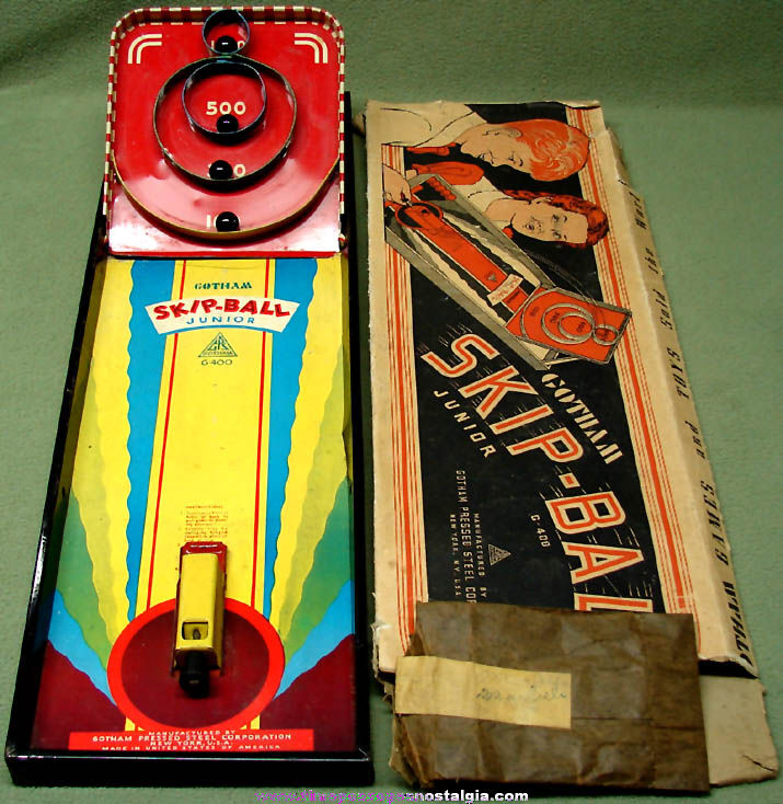Colorful Old Boxed Gotham Pressed Steel Skip Ball Junior Marble Game