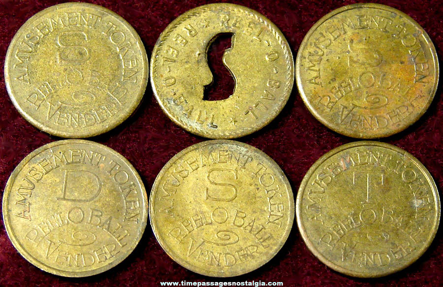 (6) 1930s Reel O Ball Baseball Trade Stimulator Slot Machine Brass Token Coins