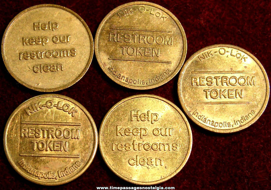 (5) Matching Old Nik-O-Lok Brass Restroom Token Coins