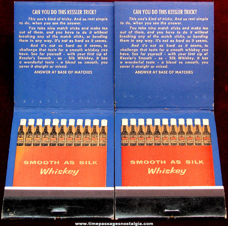 (2) Large Old Unused Kessler Whiskey Advertising Match Books with Trick