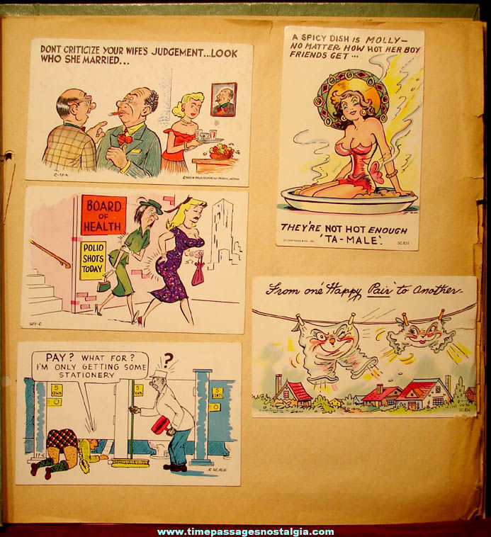 Old Scrap Book Album with (65) Colorful Risque Cartoon or Comic Joke Post Cards