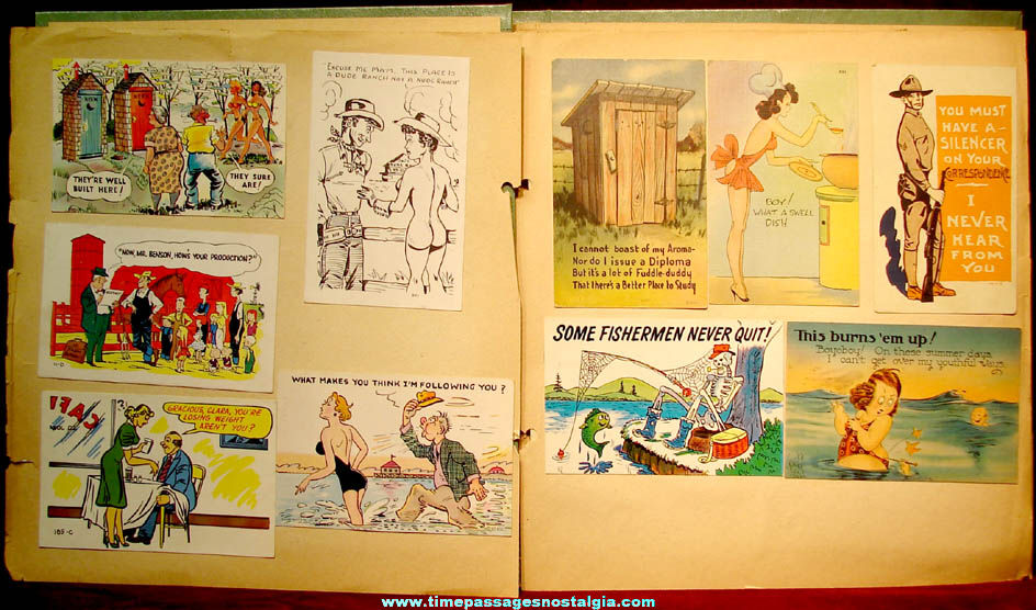 Old Scrap Book Album with (65) Colorful Risque Cartoon or Comic Joke Post Cards